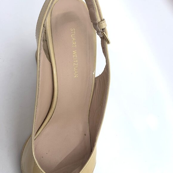 Stuart Weitzman Size 6.5M Adobe Nude Wedge Sandal Cork Peep Toe Slingback Patent - Picture 5 of 12